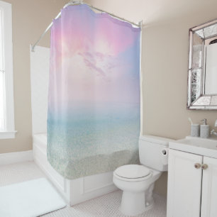 Tranquil sandy beach pink skies shower curtain