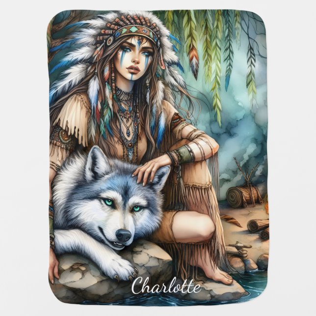 Tranquil scene: Native and wolf by water Baby Blanket (Front)