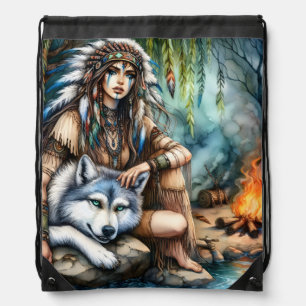 Tranquil scene: Native and wolf by water Drawstring Bag
