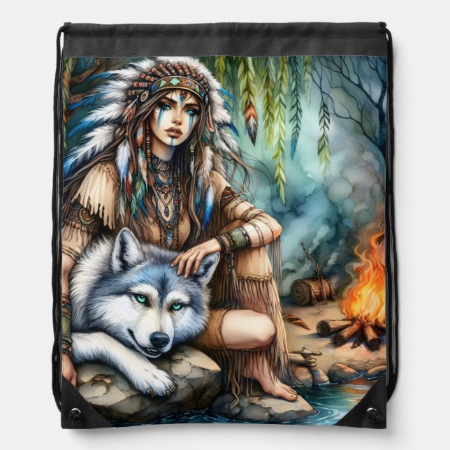 Tranquil scene: Native and wolf by water Drawstring Bag (Front)