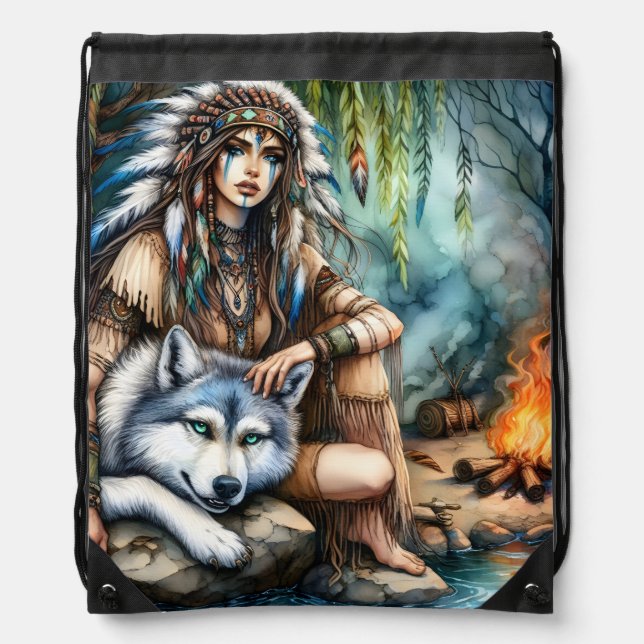 Tranquil scene: Native and wolf by water Drawstring Bag (Front)