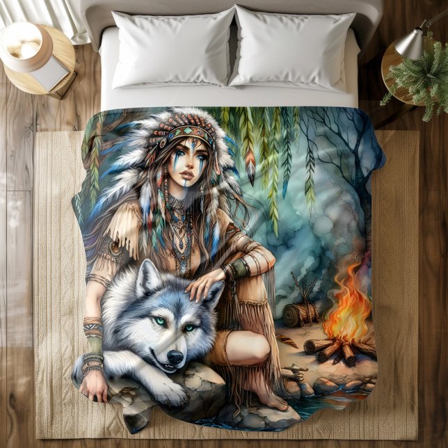 Tranquil scene: Native and wolf by water Duvet Cover (Creator Uploaded)