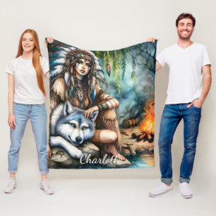 Tranquil scene: Native and wolf by water Fleece Blanket