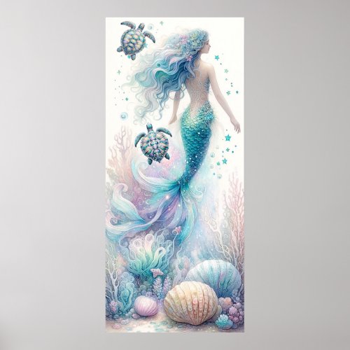 Tranquil Sea Turtle and Mermaid Wall Art
