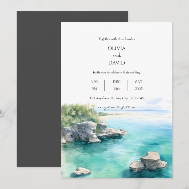Tranquil Seaside Coastal Teal Water Lagoon Wedding Invitation (Front/Back)