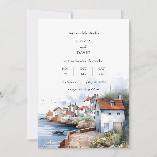 Tranquil Seaside Coastal Village Cottages Wedding Invitation