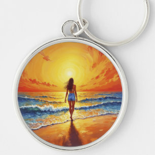 Tranquil shore walk sunset ocean bright art keychain