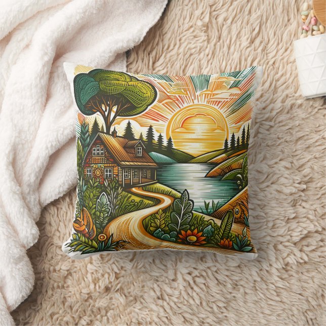 Tranquil sunrise over a countryside retreat throw pillow (Blanket)