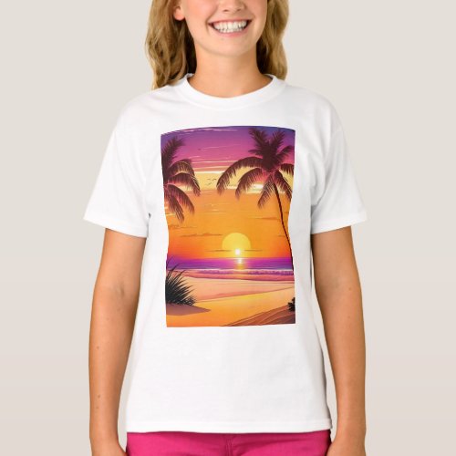 Tranquil Sunset Beach with Palm Trees  T_Shirt
