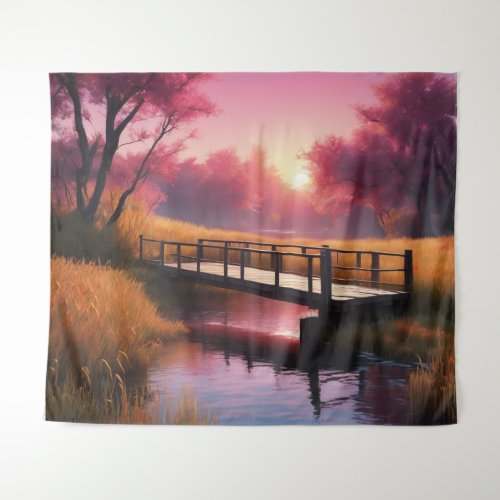 Tranquil Sunset Bridge Tapestry