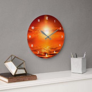 Tranquil Sunset Orange Golden Sky Over Sea Ocean Large Clock