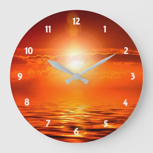 Tranquil Sunset Orange Golden Sky Over Sea Ocean Large Clock