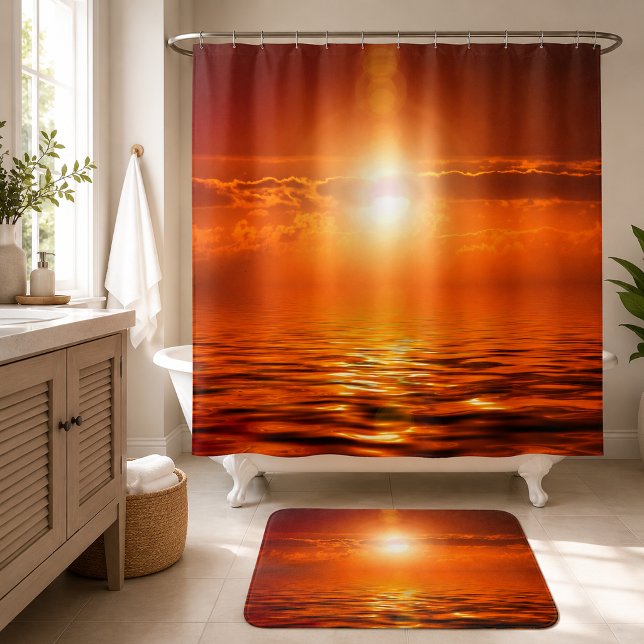 Tranquil Sunset Orange Golden Sky Over Sea Ocean Shower Curtain (Tranquil Sunset Orange Golden Sky Over Sea Ocean Shower Curtain)