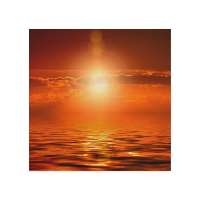 Tranquil Sunset Orange Golden Sky Over Sea Ocean Wood Wall Art (Front)