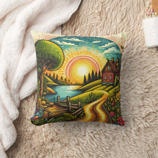 Tranquil sunset over a serene countryside home throw pillow (Blanket)