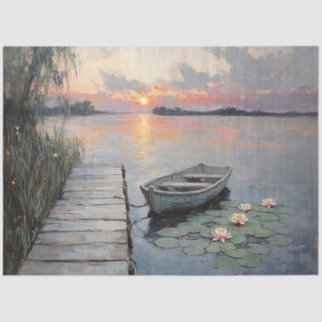 Tranquil Sunset Rowboat on a Lake Decoupage Tissue Paper (Front)