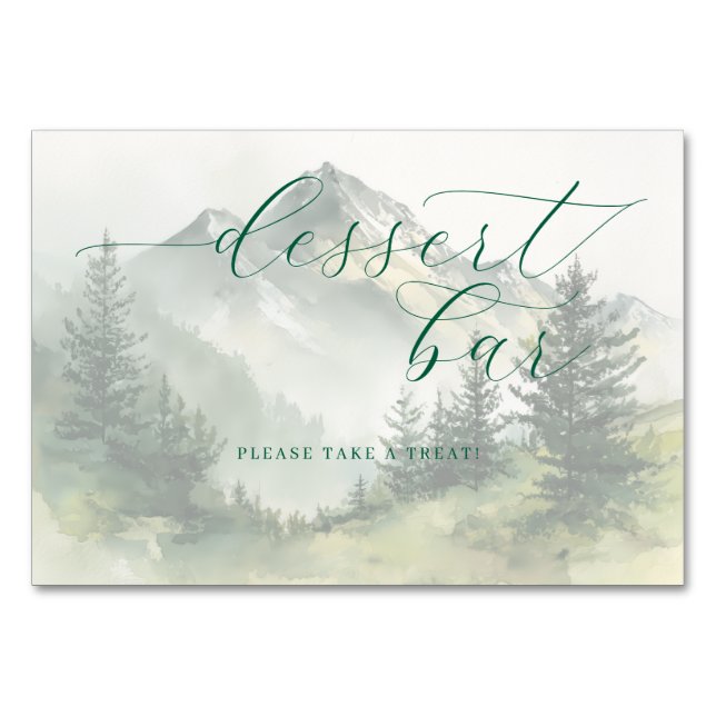 Tranquil Teal Watercolor Mountain Scene Table Number (Front)