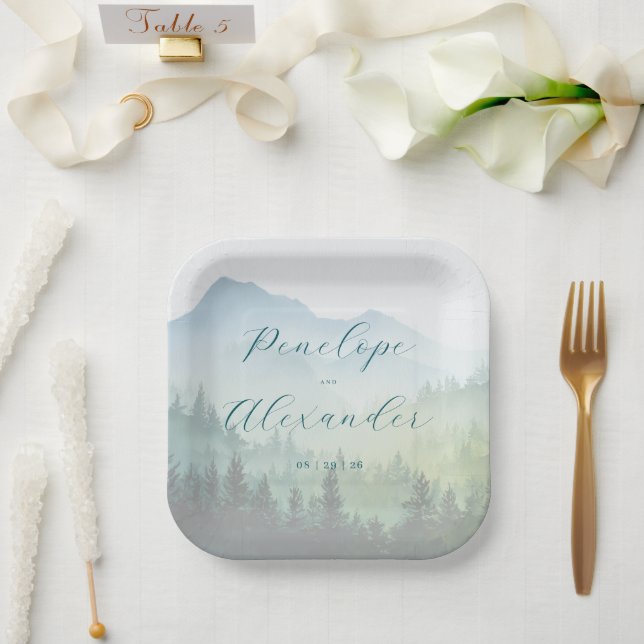 Tranquil Teal Watercolor Mountains Paper Plates (Wedding)
