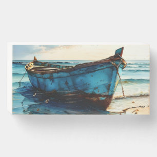 "Tranquil Tides". Colourful Relaxed Boat Seascape Wooden Box Sign