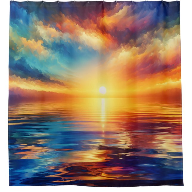 “Tranquil Tides: Sunset Reflections”  Shower Curtain (Front)