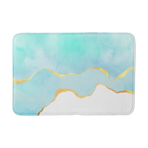 Tranquil Tropical Green Blue with Gold Border Bath Mat
