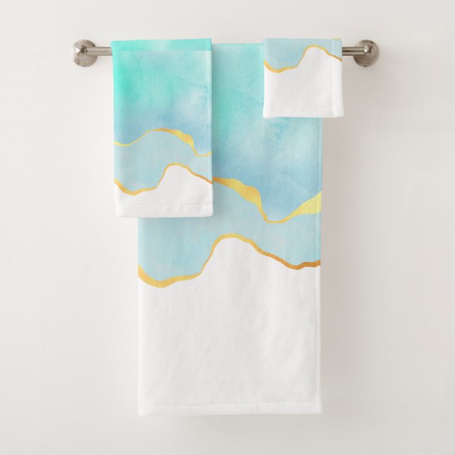 Tranquil Tropical Green Blue with Gold Border Bath Towel Set (Insitu)