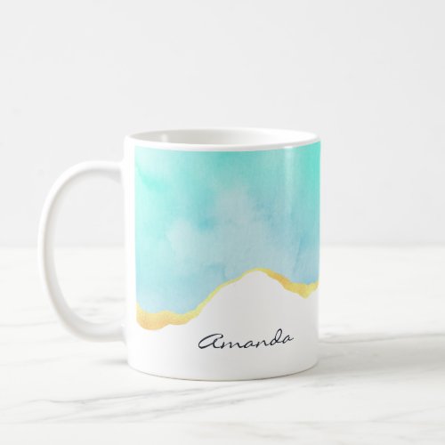 Tranquil Tropical Green Blue with Gold Border Coffee Mug