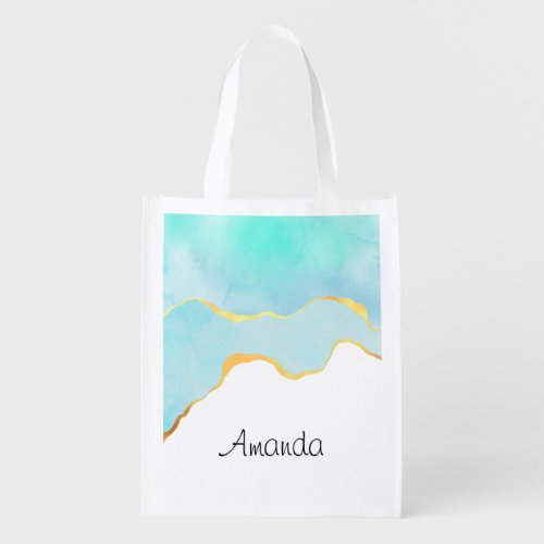 Tranquil Tropical Green Blue with Gold Border Grocery Bag