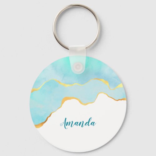 Tranquil Tropical Green Blue with Gold Border Keychain