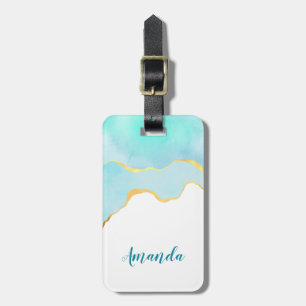 Tranquil Tropical Green Blue with Gold Border Luggage Tag