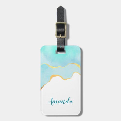  Tranquil Tropical Green Blue with Gold Border Luggage Tag