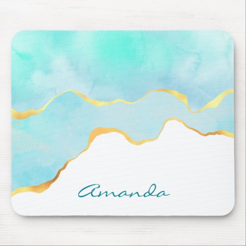 Tranquil Tropical Green Blue with Gold Border Mouse Pad