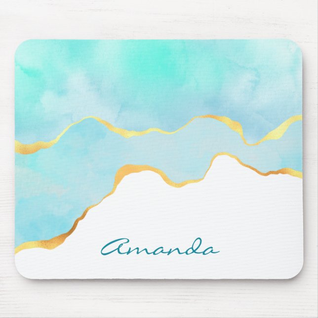 Tranquil Tropical Green Blue with Gold Border Mouse Pad (Front)