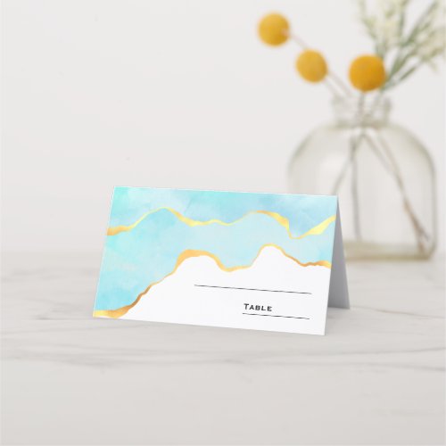 Tranquil Tropical Green Blue with Gold Border Place Card
