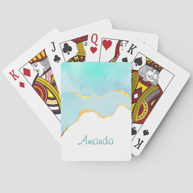 Tranquil Tropical Green Blue with Gold Border Poker Cards (Back)
