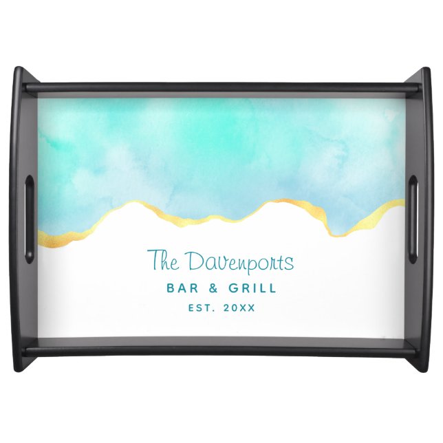 Tranquil Tropical Green Blue with Gold Border Serving Tray (Front)