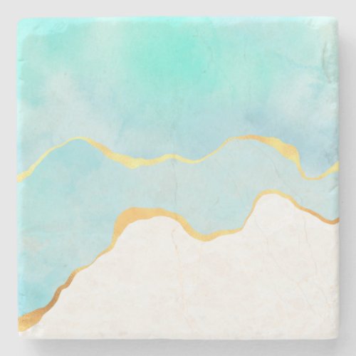 Tranquil Tropical Green Blue with Gold Border Stone Coaster