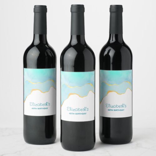 Tranquil Tropical Green Blue with Gold Border Wine Label