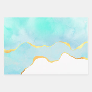 Tranquil Tropical Green Watercolor Gold Border Wrapping Paper Sheets