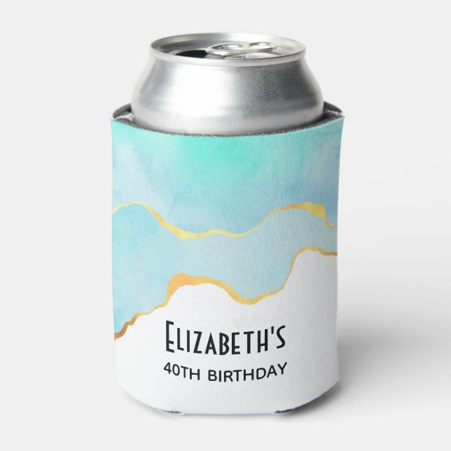 Tranquil Tropical Green with Gold Border Birthday Can Cooler (Can Front)