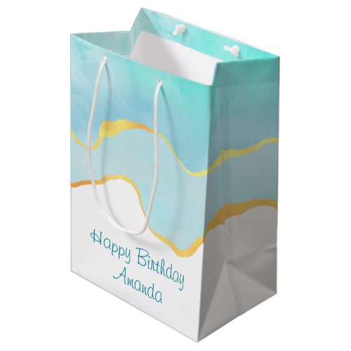 Tranquil Tropical Green with Gold Border Birthday Medium Gift Bag