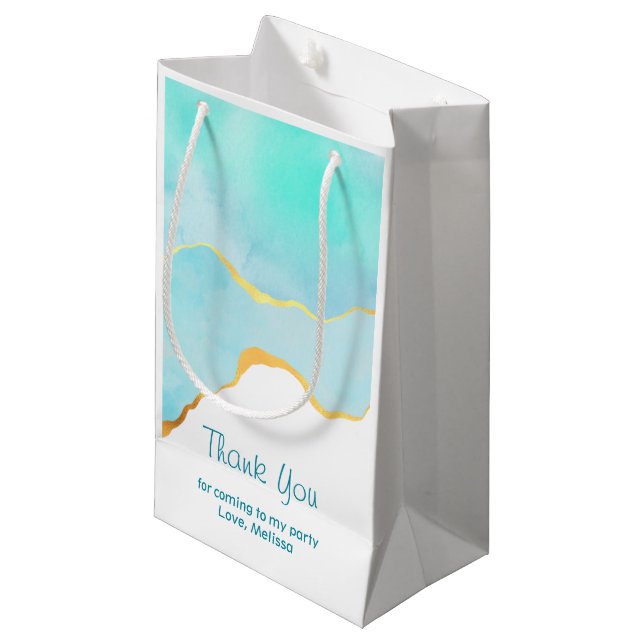 Tranquil Tropical Green with Gold Border Thank You Small Gift Bag (Front Angled)
