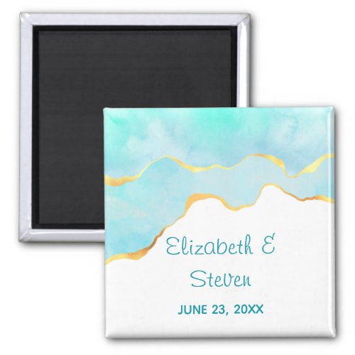 Tranquil Tropical Green with Gold Border Wedding Magnet