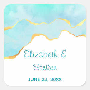 Tranquil Tropical Green with Gold Border Wedding Square Sticker