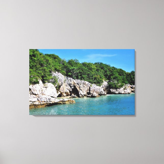 Tranquil Tropical Shoreline with Caves Canvas Print (Front)