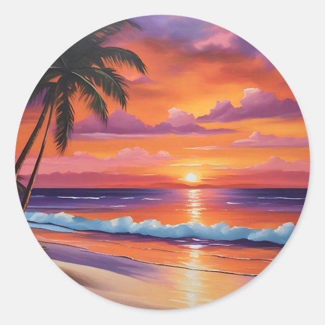 Tranquil Tropics Sunset Over the Ocean Classic Round Sticker (Front)