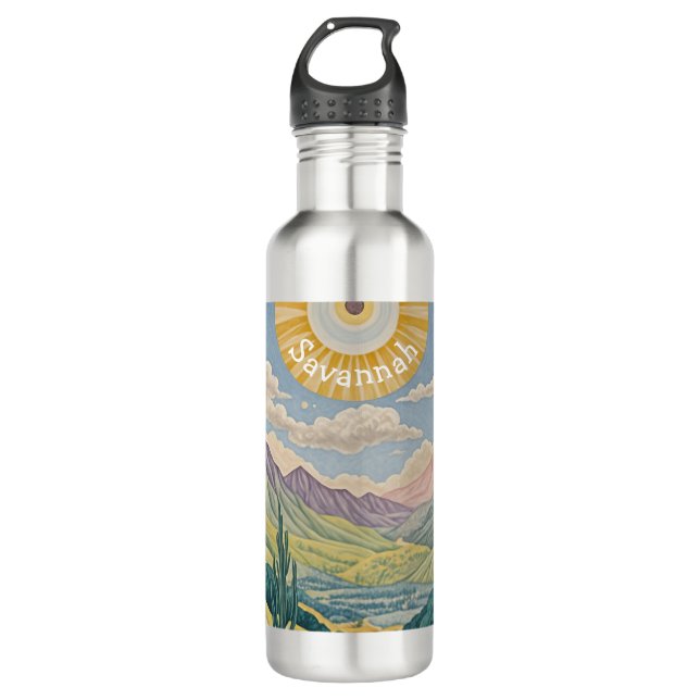 Tranquil Valley: Pastel Landscape Stainless Steel Water Bottle (Front)