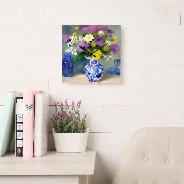 Tranquil Vase of Flowers Print Square Wall Clock (Reading Room)