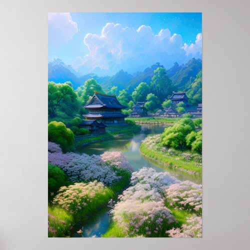 Tranquil Waters a Japanese Town Amidst Nature Poster