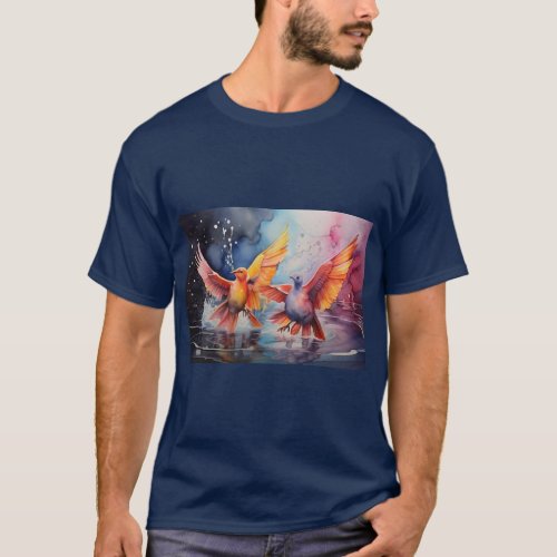Tranquil Waters Birds Playing Painting for Couple T_Shirt